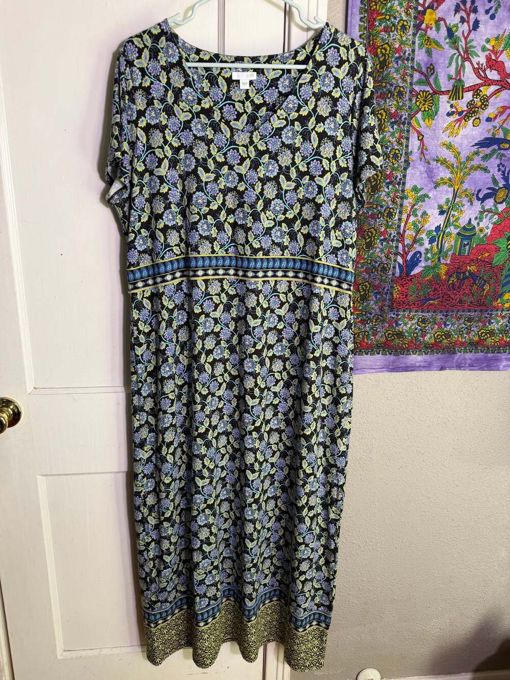 J Jill Floral Maxi Dress Black Scoop Neck Short Sleeve Womens L